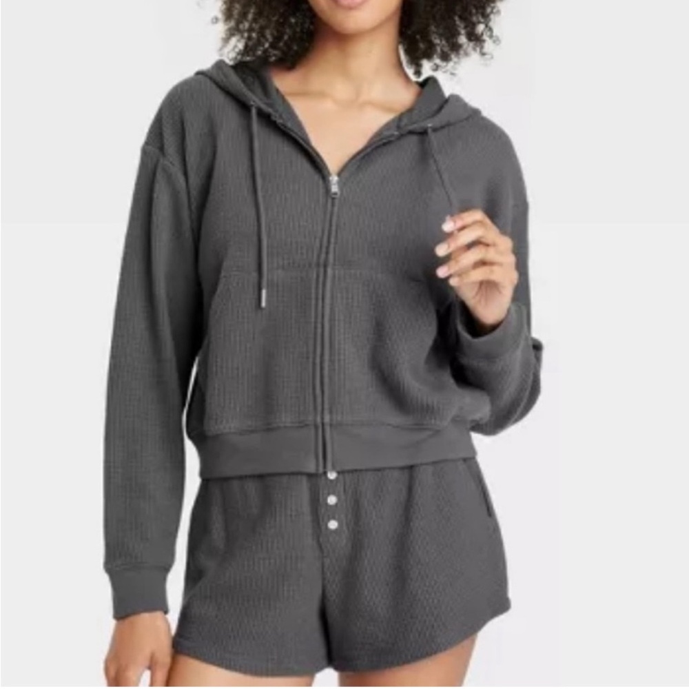 Auden Charcoal Gray Waffle Knit Zip Hoodie & Shorts Set